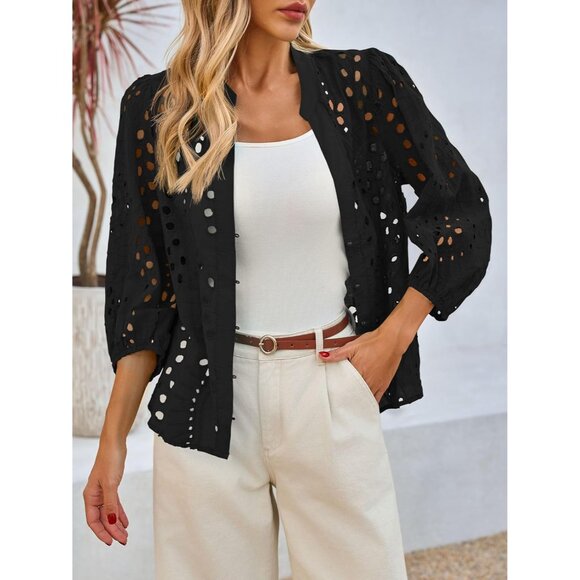 Womens Cotton Deep V Neck Eyelet Blouse 3/4 Balloon Sleeve Casual Elegant - Picture 6 of 8